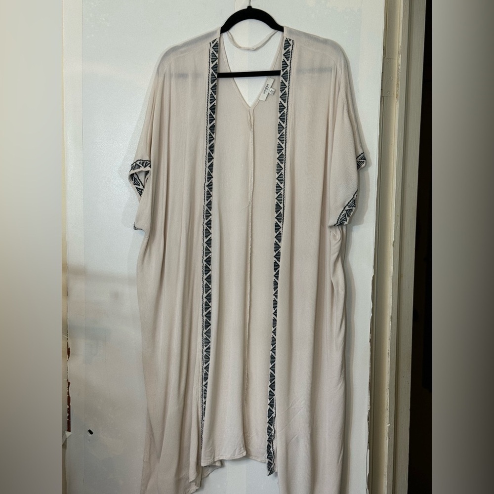 Umgee Tribal Open Front Kimono Duster S/M Half Sleeve Tan Embroidered